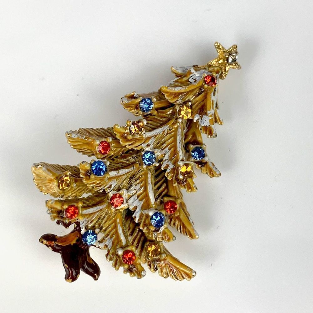 ART GILT Vintage Gold Christmas Tree Brooch Pin Enamel Rhinestones Star - Picture 8 of 8